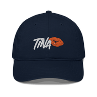 Front view of a pacific blue bitcoin dad hat.