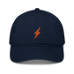 Front view of a pacific blue bitcoin dad hat.