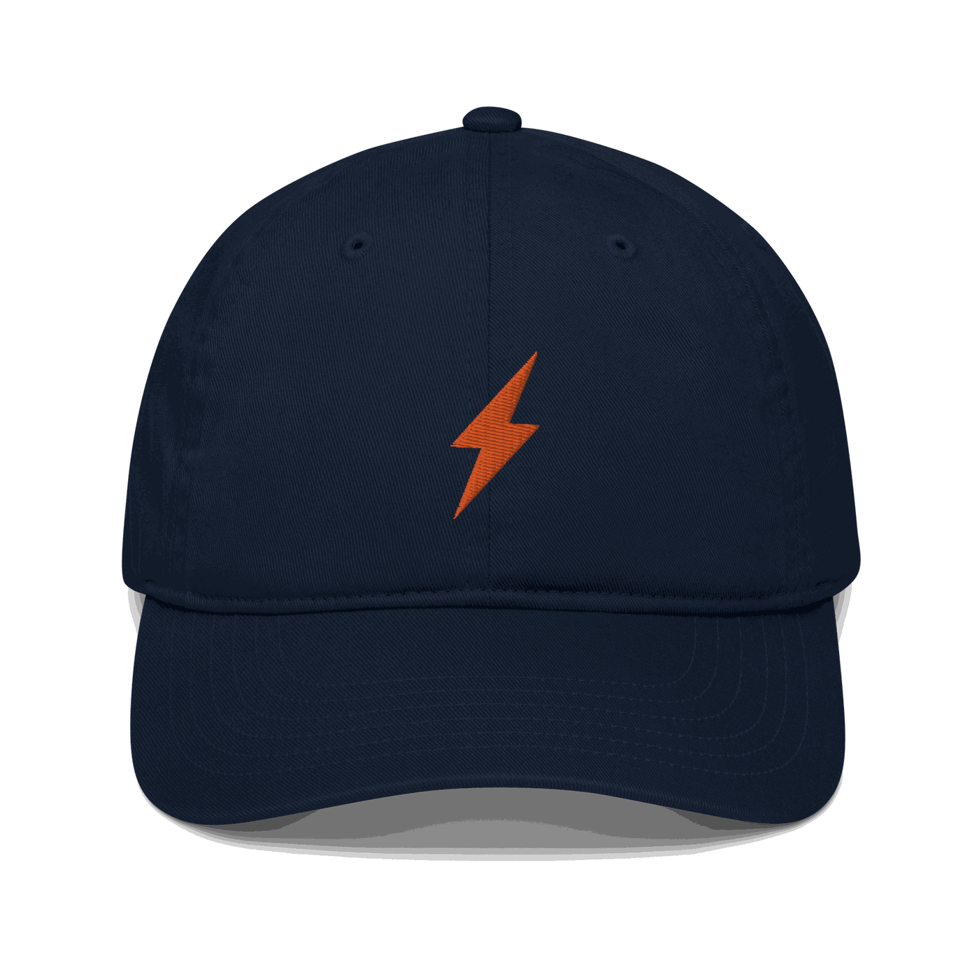 Front view of a pacific blue bitcoin dad hat.