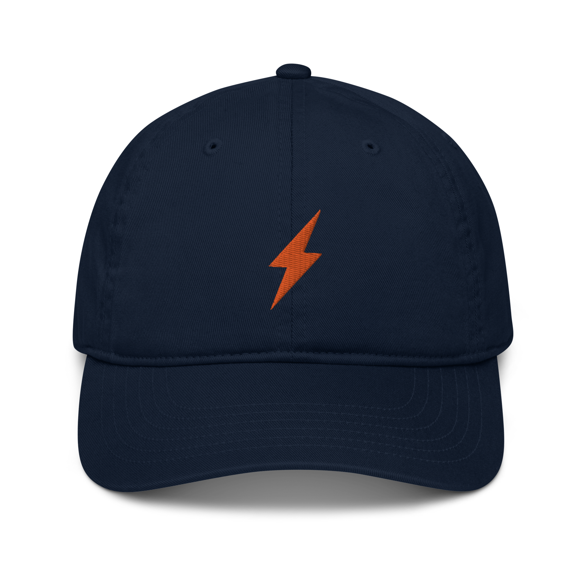 Front view of a pacific blue bitcoin dad hat.