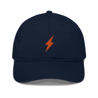 Front view of a pacific blue bitcoin dad hat.