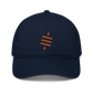 Front view of a pacific blue bitcoin dad hat.