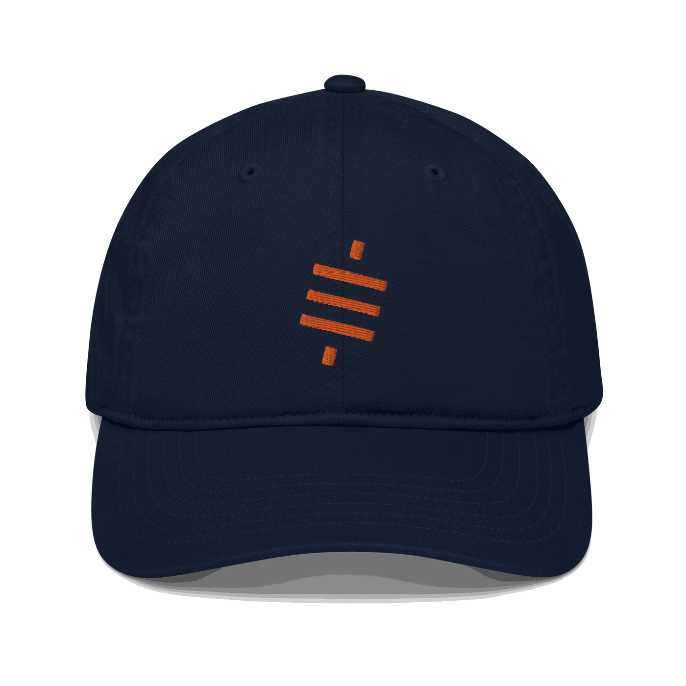 Front view of a pacific blue bitcoin dad hat.