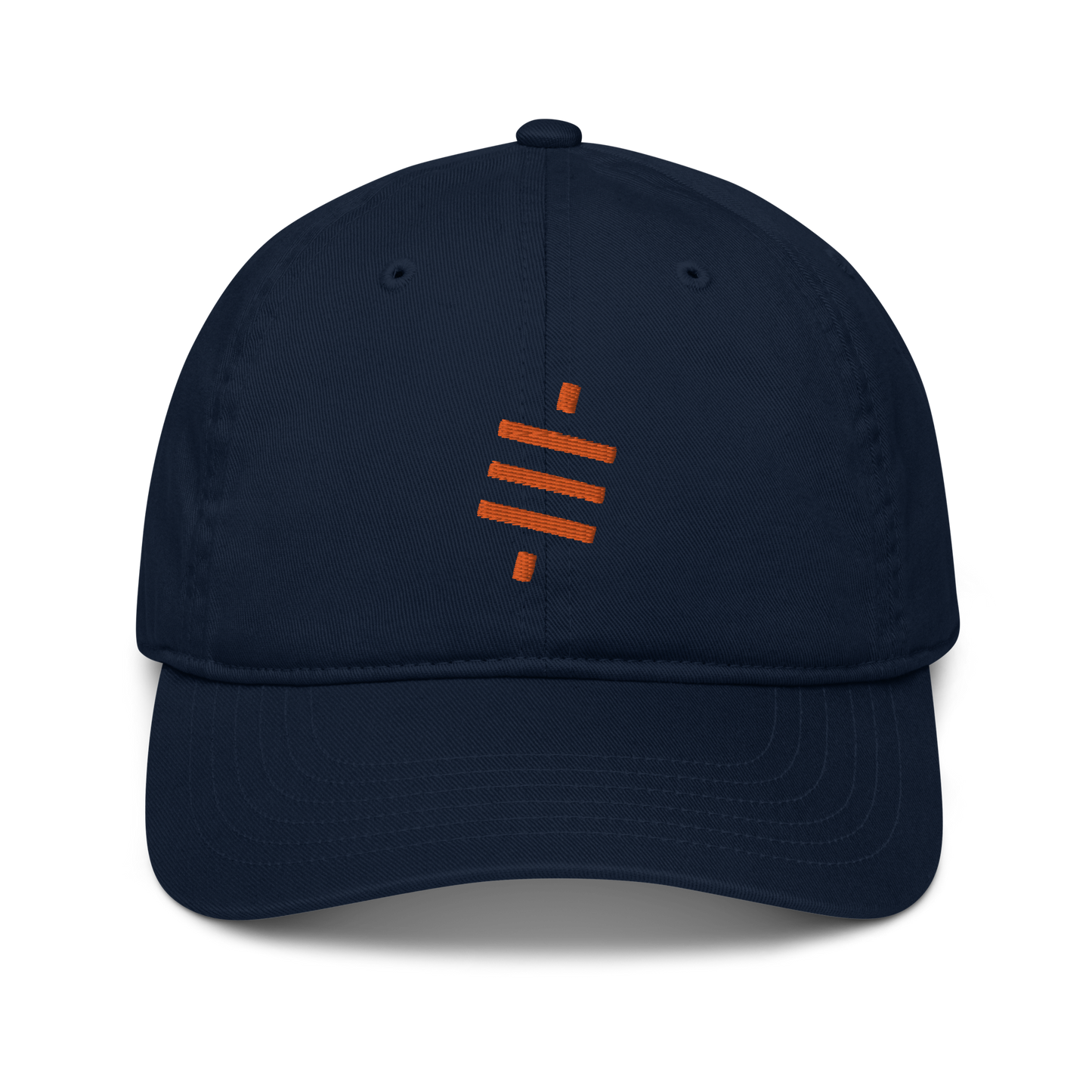 Front view of a pacific blue bitcoin dad hat.