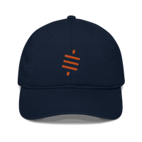 Front view of a pacific blue bitcoin dad hat.