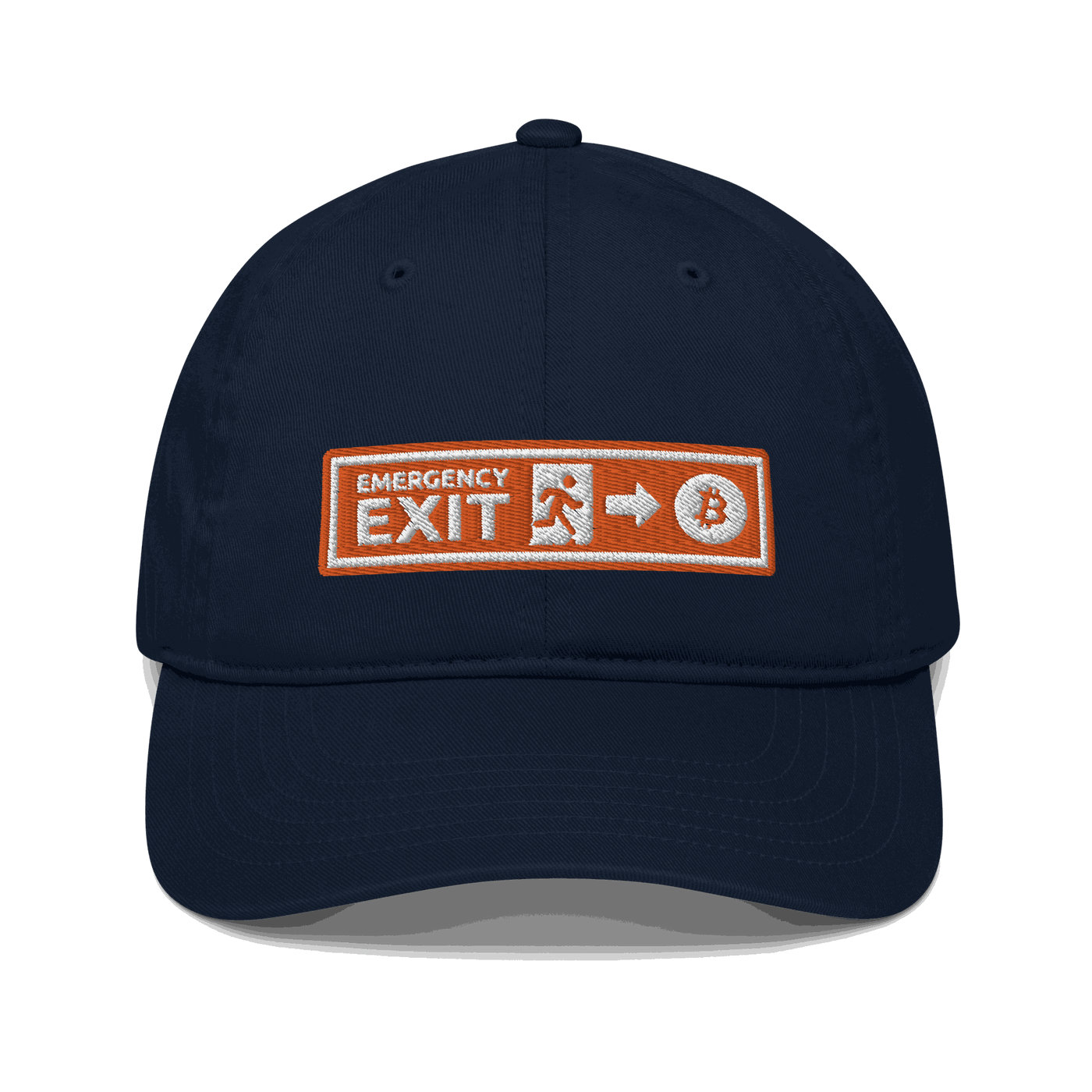 Front view of a pacific blue bitcoin dad hat.