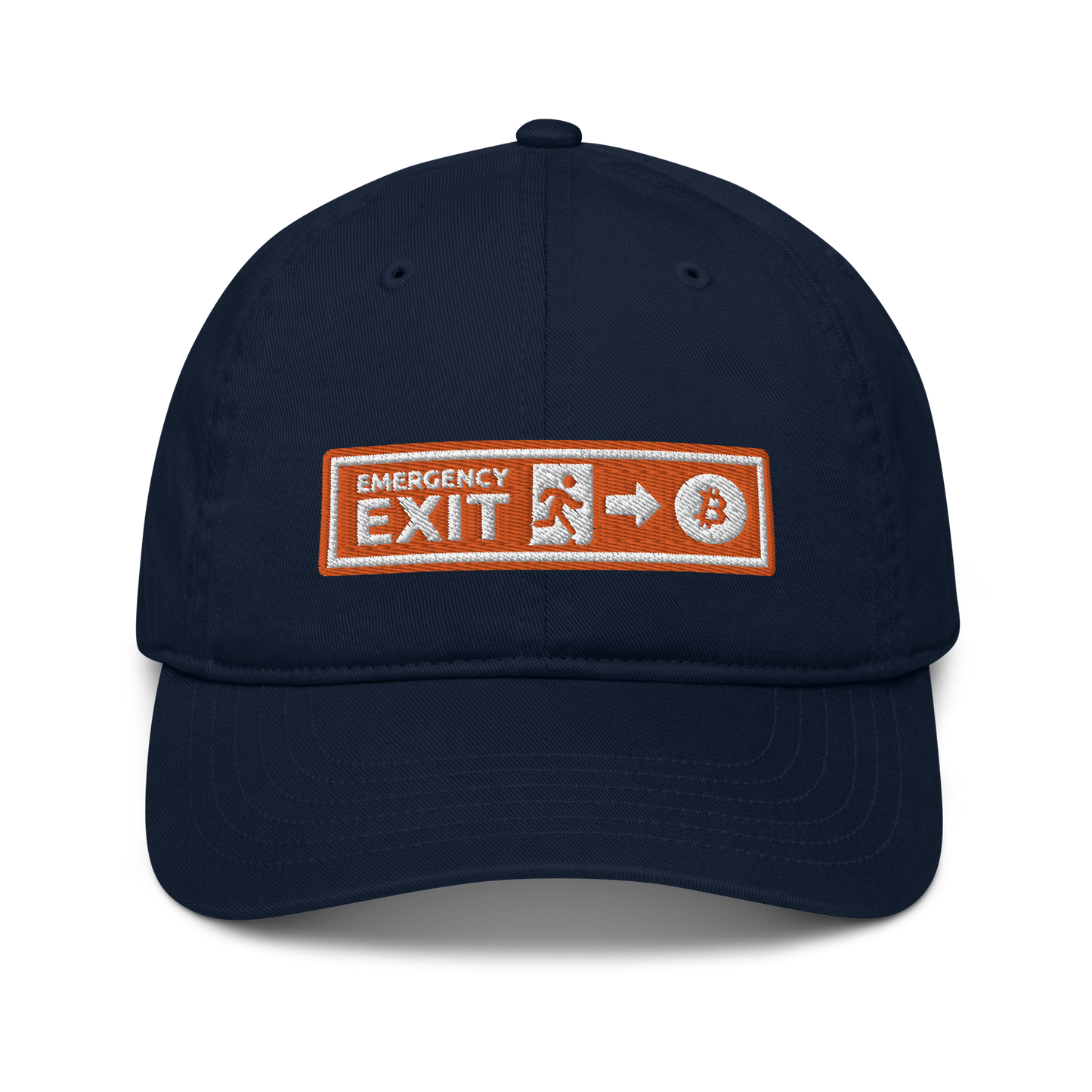 Front view of a pacific blue bitcoin dad hat.