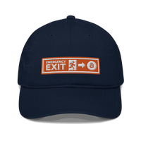 Front view of a pacific blue bitcoin dad hat.