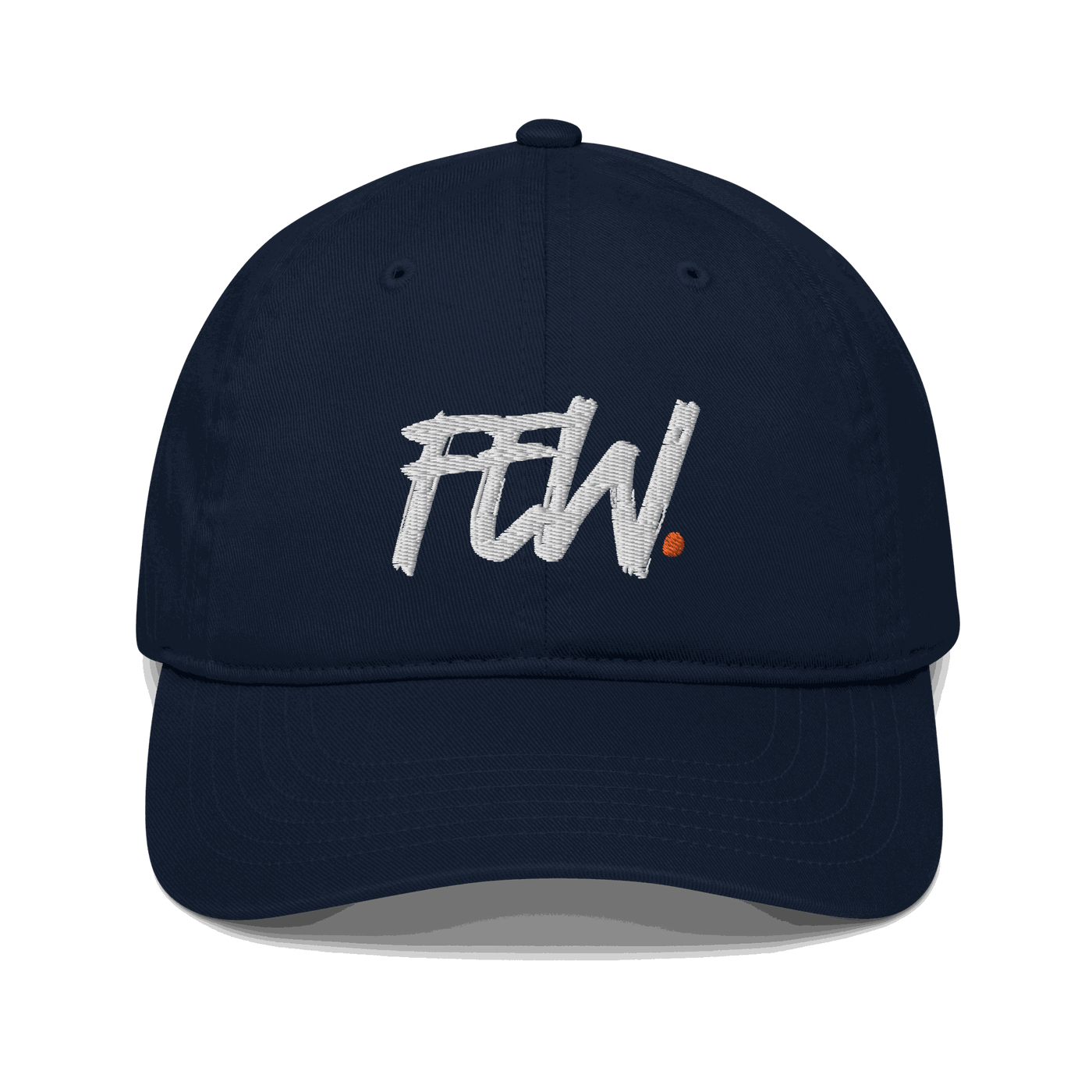 Front view of a pacific blue bitcoin dad hat.