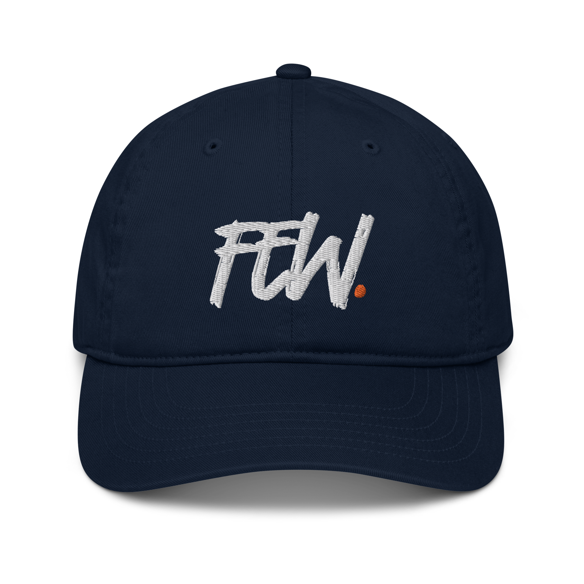 Front view of a pacific blue bitcoin dad hat.