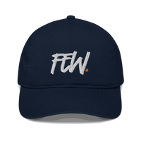 Front view of a pacific blue bitcoin dad hat.