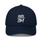 Front view of a pacific blue bitcoin dad hat.