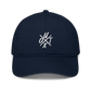 Front view of a pacific blue bitcoin dad hat.