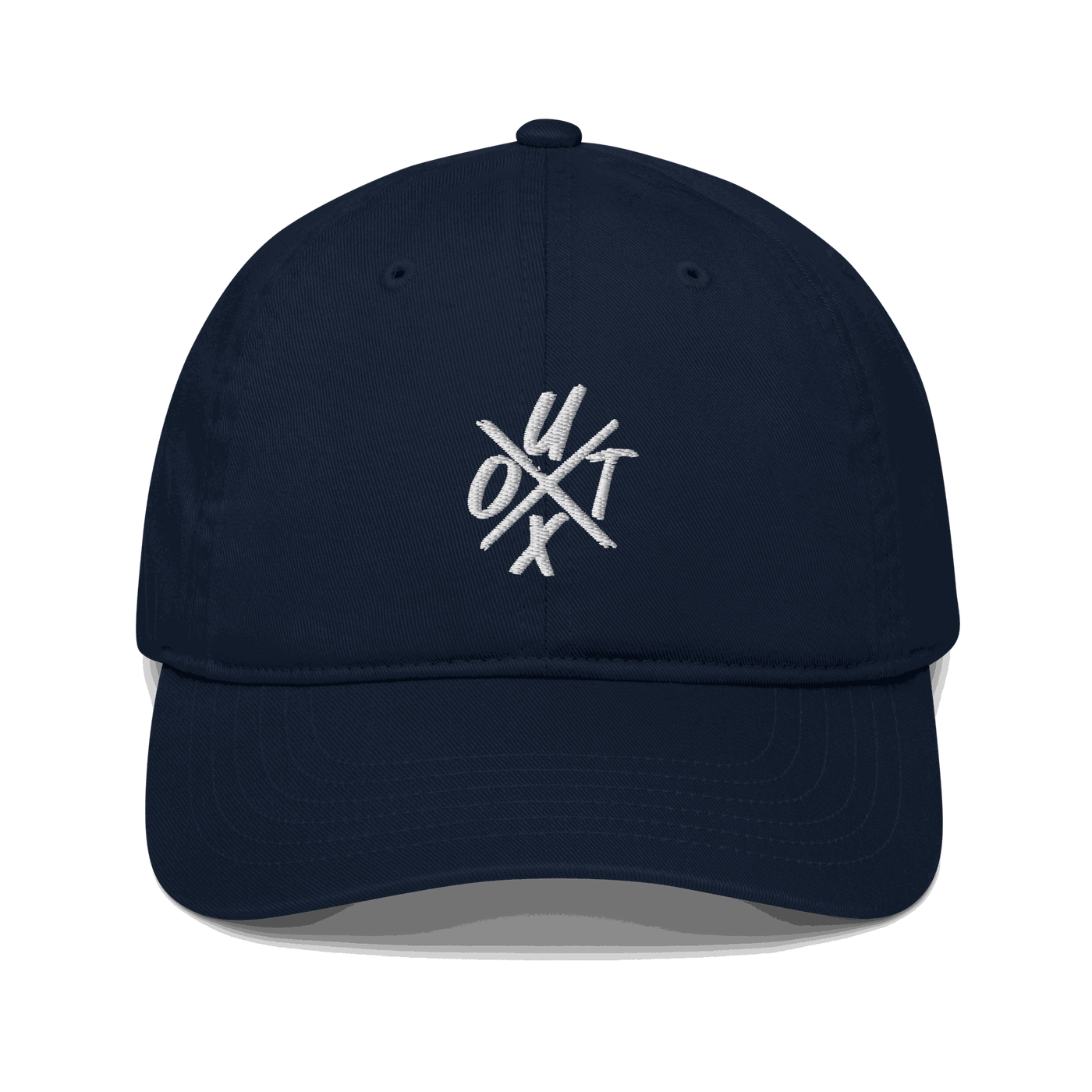 Front view of a pacific blue bitcoin dad hat.