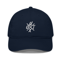 Front view of a pacific blue bitcoin dad hat.