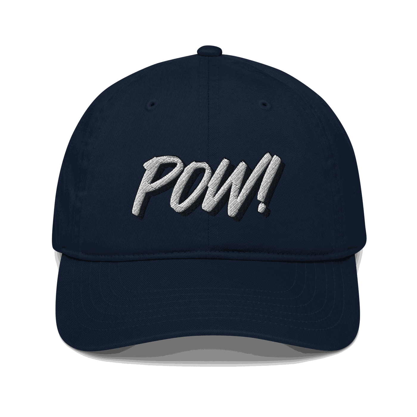 Front view of a pacific blue bitcoin dad hat.