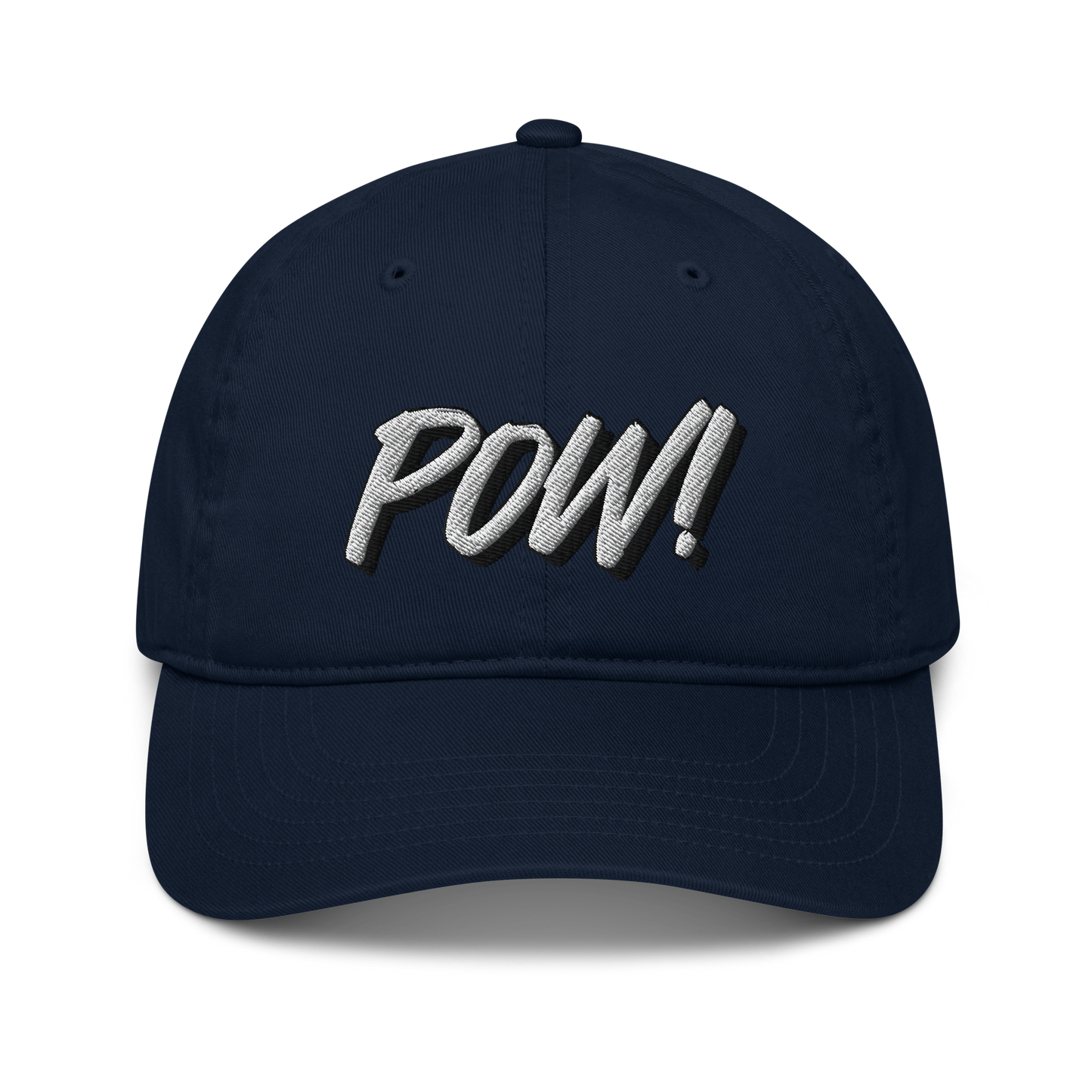 Front view of a pacific blue bitcoin dad hat.