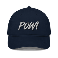 Front view of a pacific blue bitcoin dad hat.