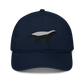 Front view of a pacific blue bitcoin dad hat.