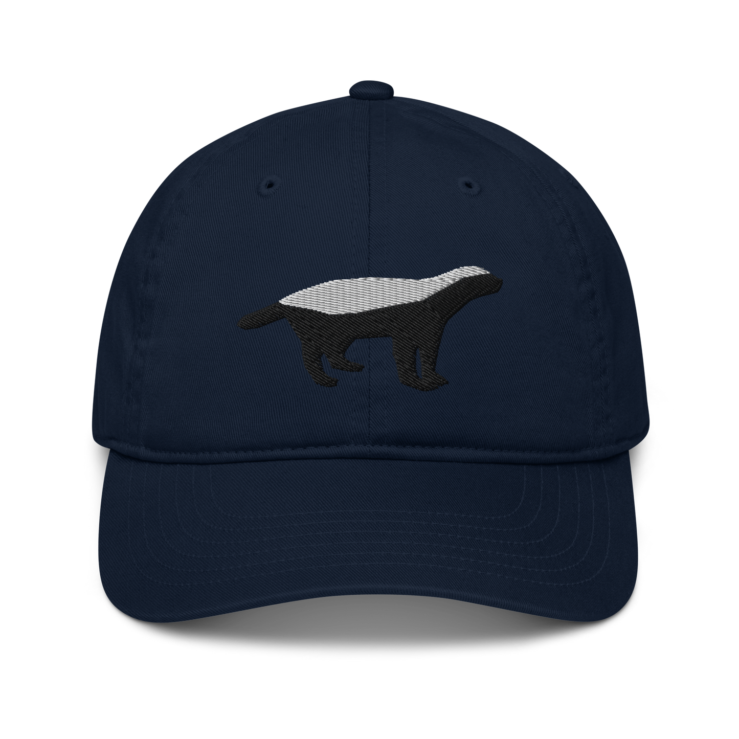 Front view of a pacific blue bitcoin dad hat.