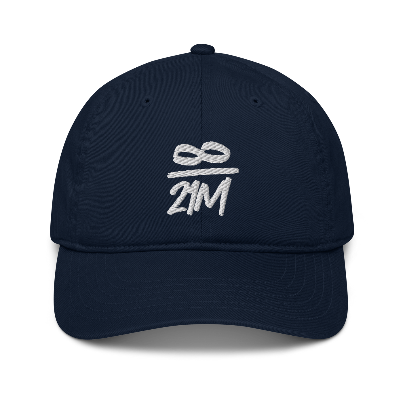 Infinity / 21M organic bitcoin dad hat in Pacific, front view.