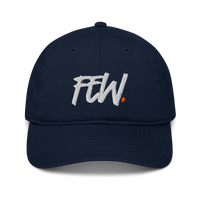 Few. organic bitcoin dad hat in Pacific, front view.