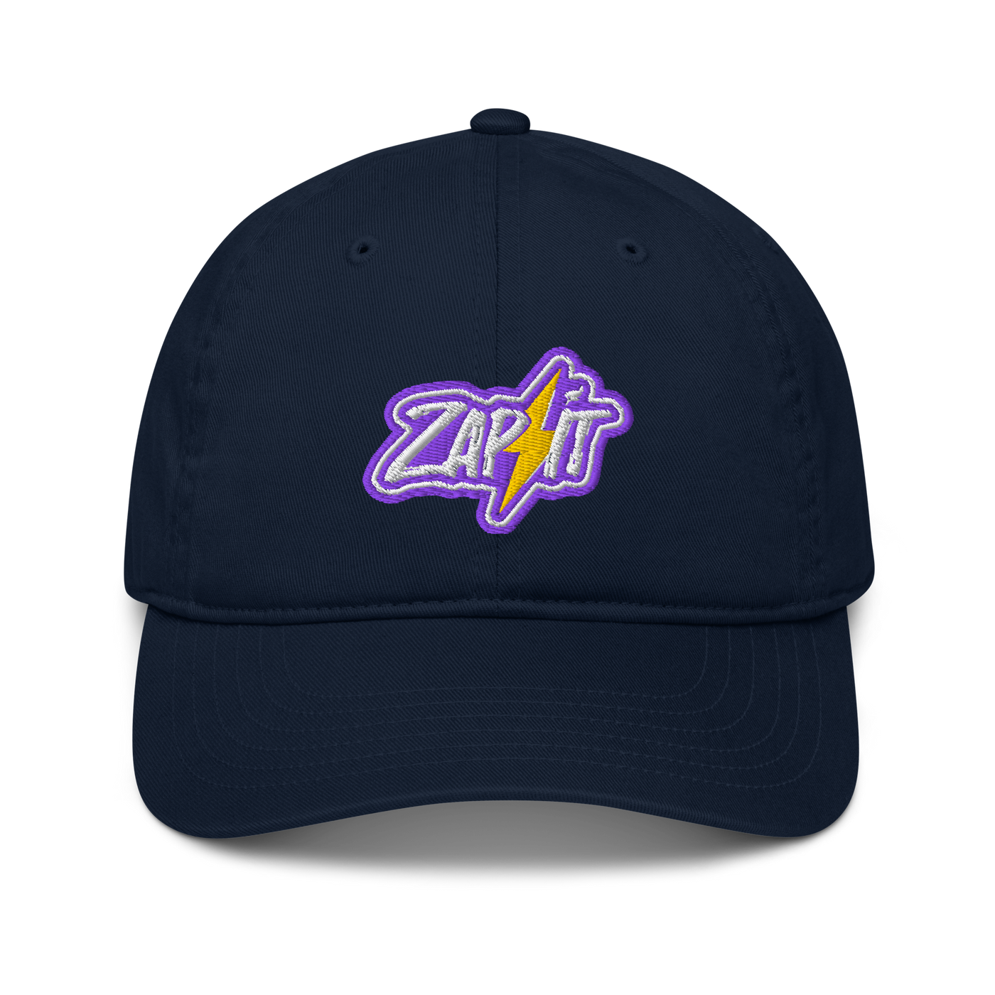 Zap It organic nostr dad hat in Pacific, front view.