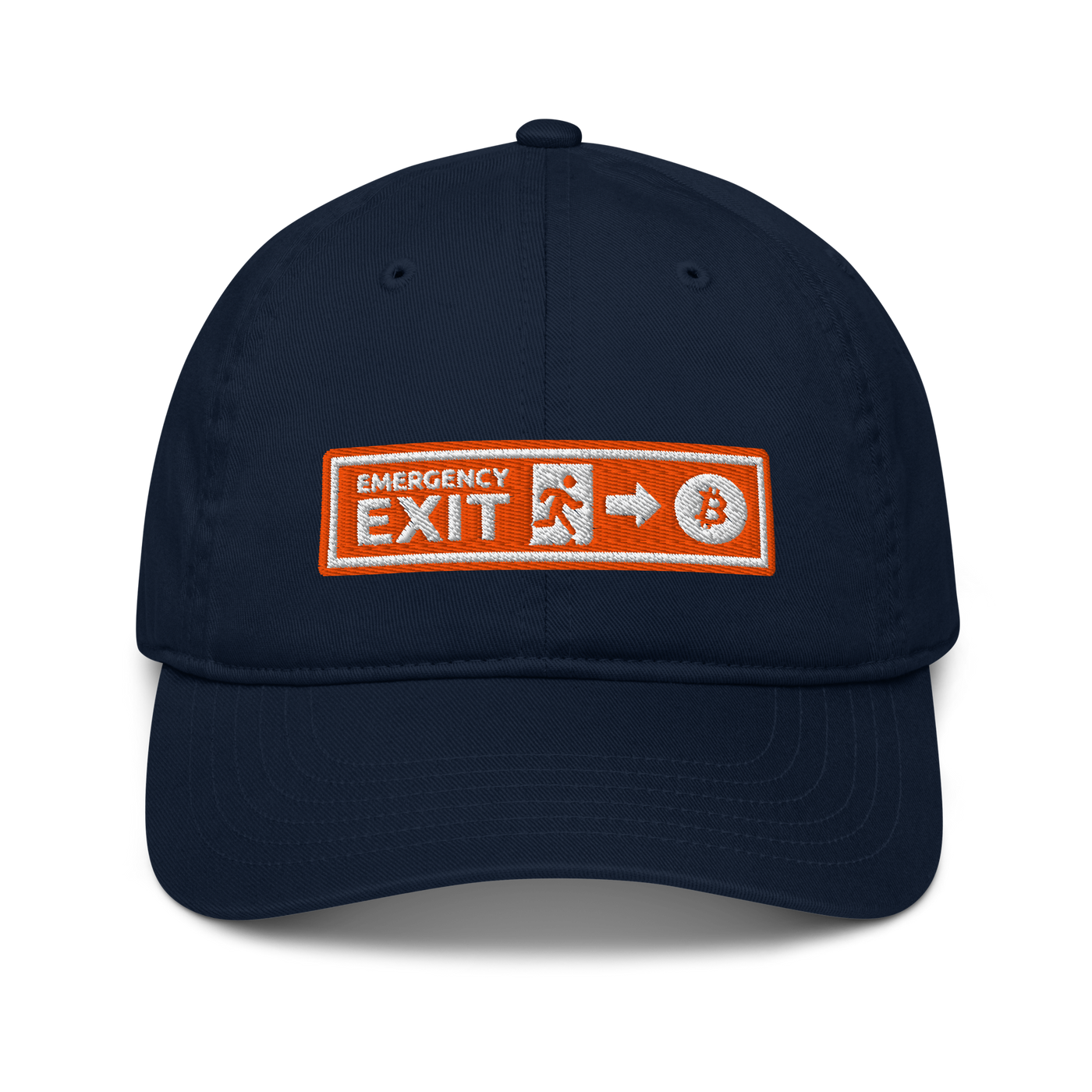 Emergency Exit organic bitcoin dad hat in Pacific, front view.