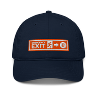 Emergency Exit organic bitcoin dad hat in Pacific, front view.