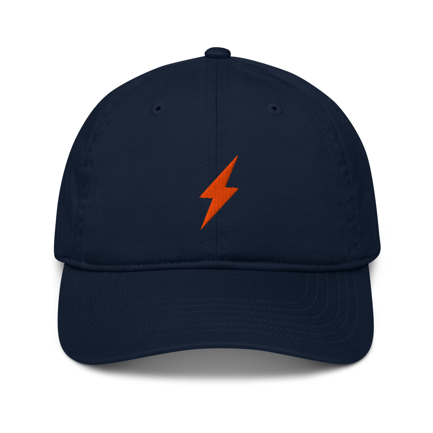 Lightning organic bitcoin dad hat in Pacific, front view.