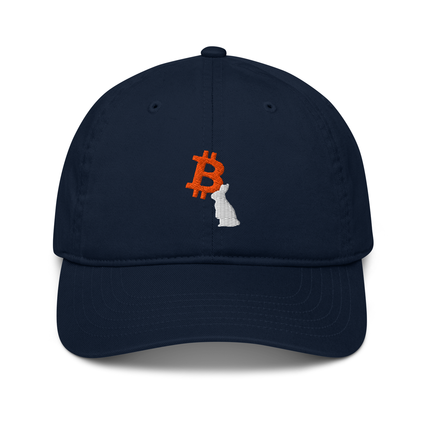 White Rabbit organic bitcoin dad hat in Pacific, front view.