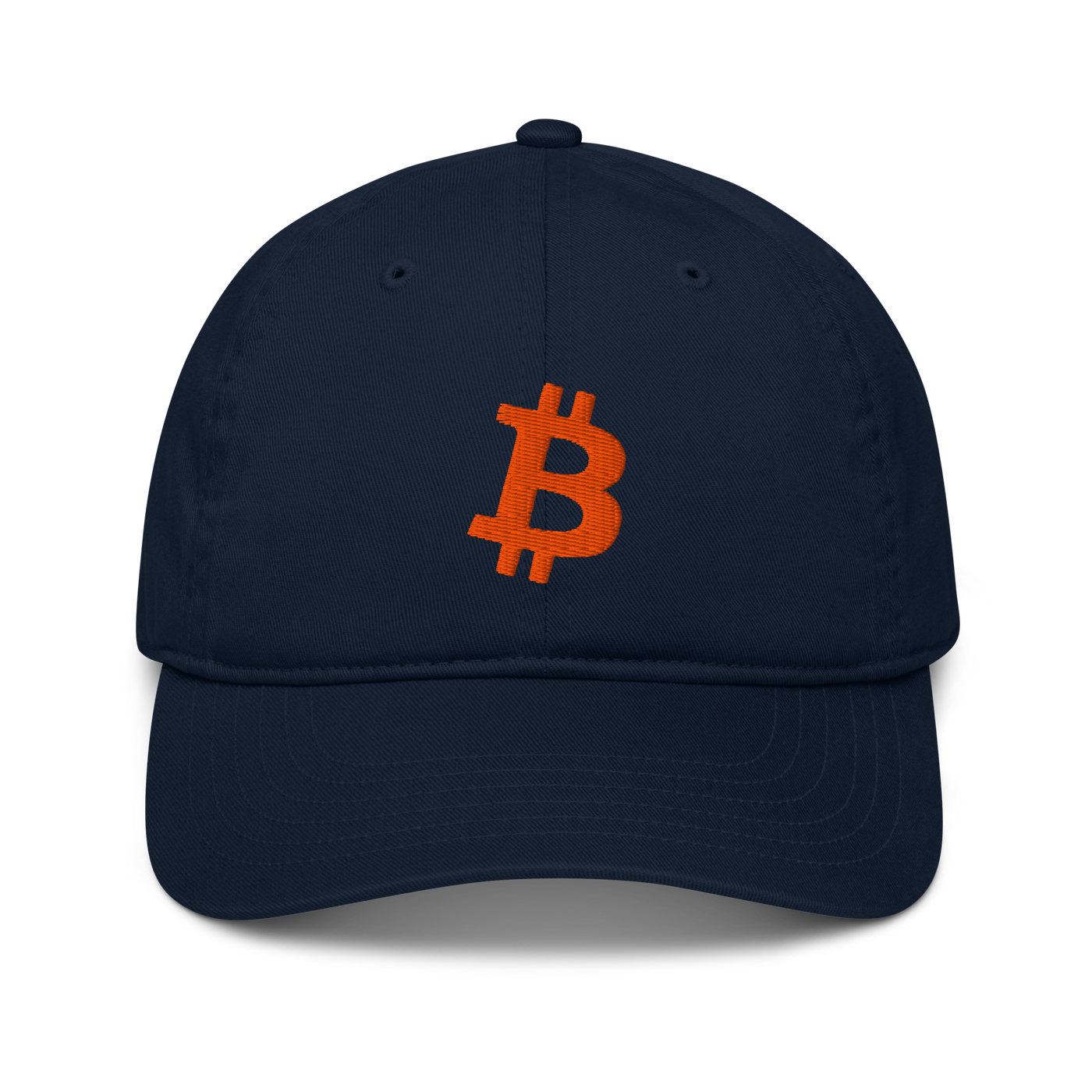 Bitcoin B organic bitcoin dad hat in Pacific, front view.