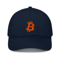 Bitcoin B organic bitcoin dad hat in Pacific, front view.
