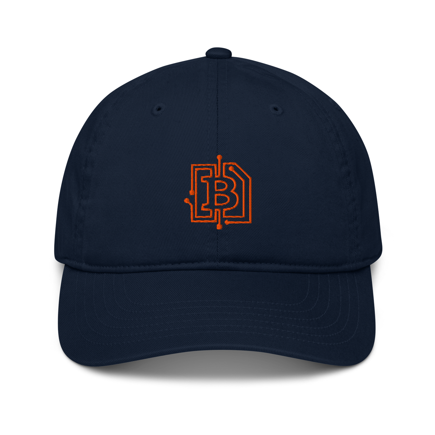 Circuit Board organic bitcoin dad hat in Pacific, front view.