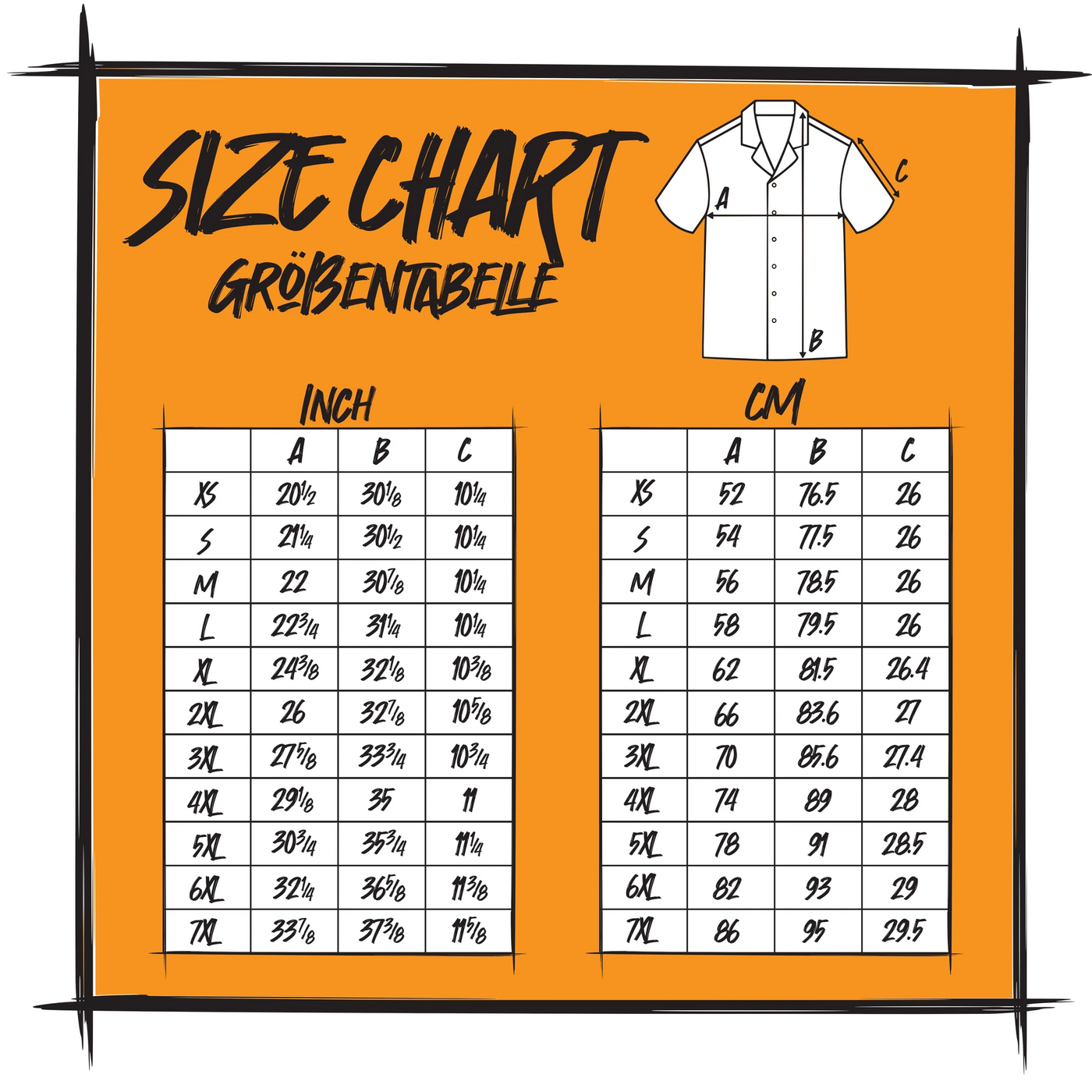 Size chart for the 21Rebel button shirt, sizes XS to 7XL in inches and centimetres. A is the chest width from 52 to 86 cm, B the length from 76.5 to 95 cm, C the sleeve length from 26 to 29.5 cm.