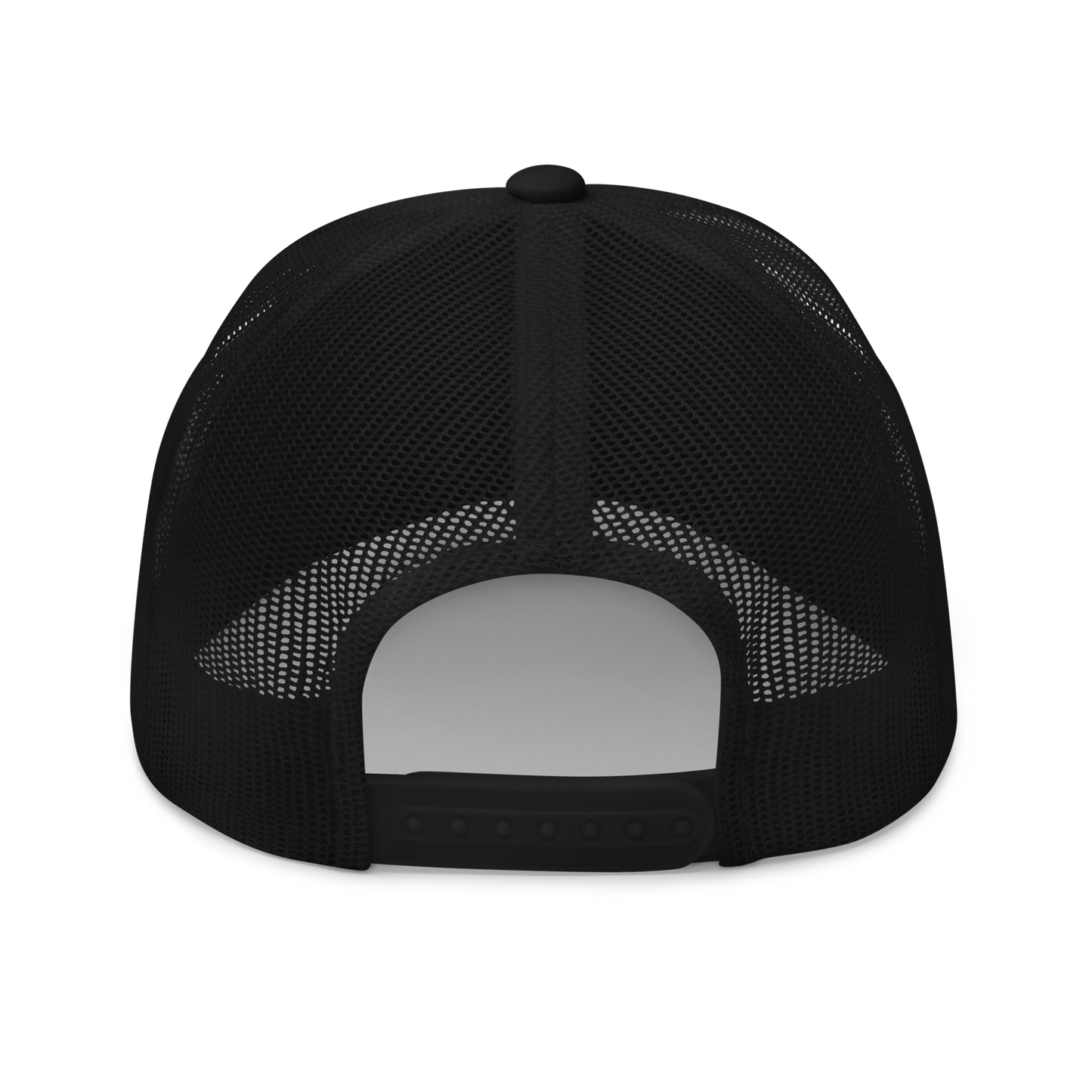 Back view of a black bitcoin trucker cap.