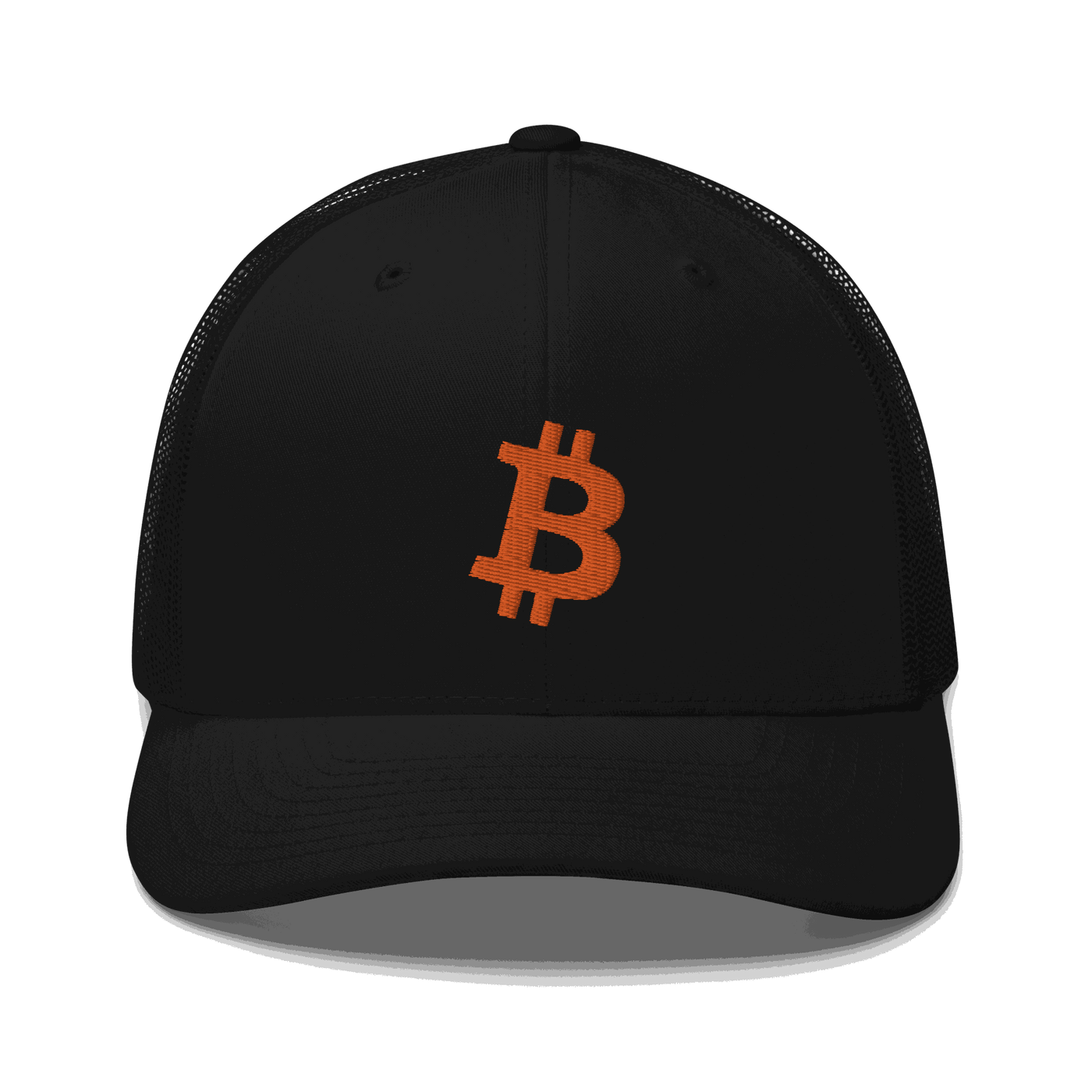 Black Bitcoin trucker cap with mesh back and embroidered Bitcoin logo