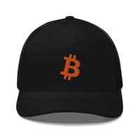 Black Bitcoin trucker cap with mesh back and embroidered Bitcoin logo