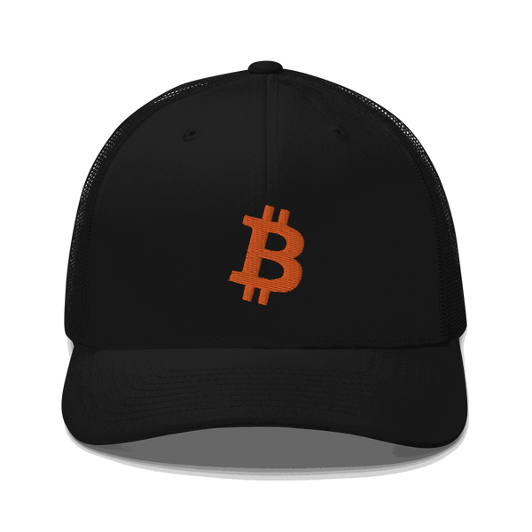 Black Bitcoin trucker cap with mesh back and embroidered Bitcoin logo
