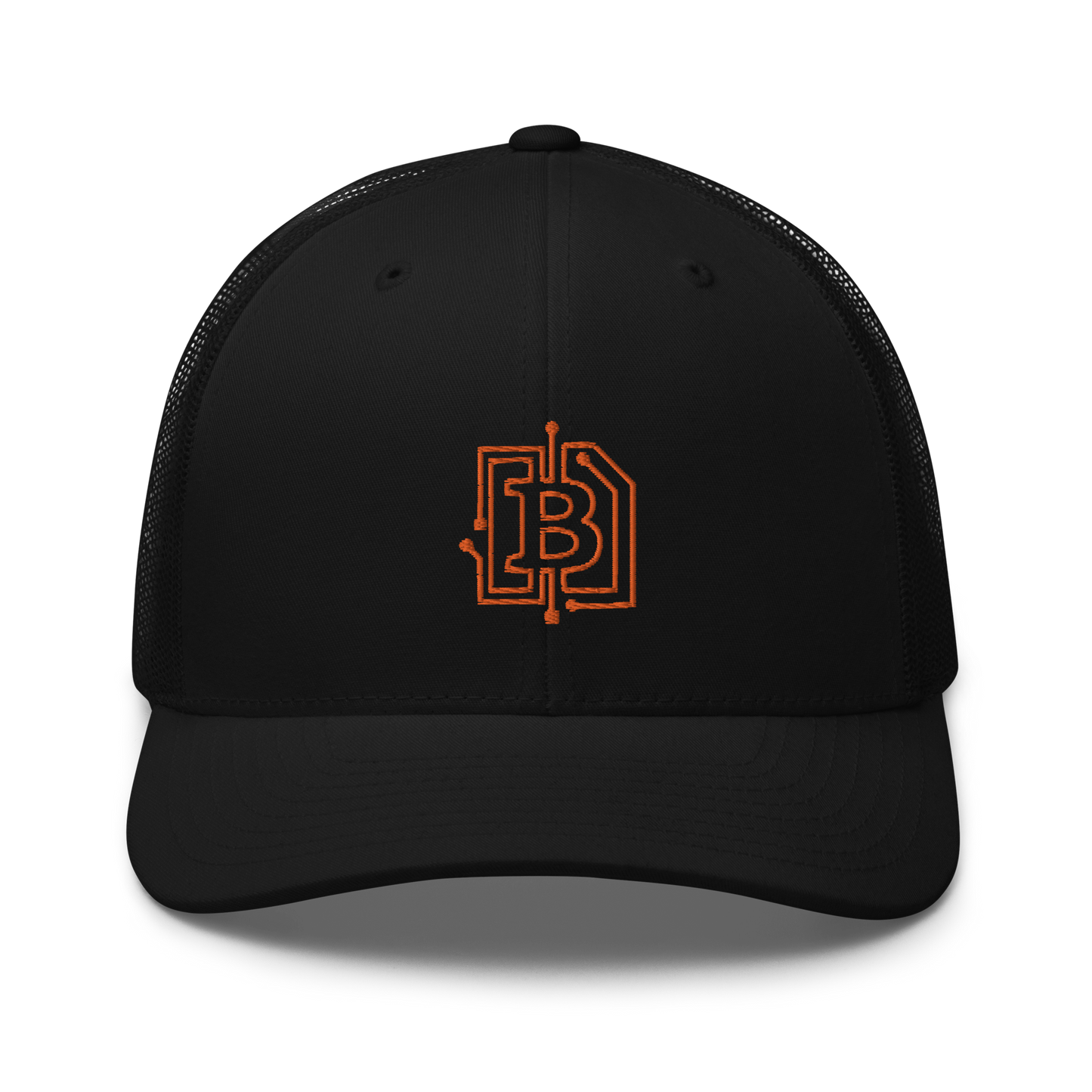 Front view of a black bitcoin trucker cap.