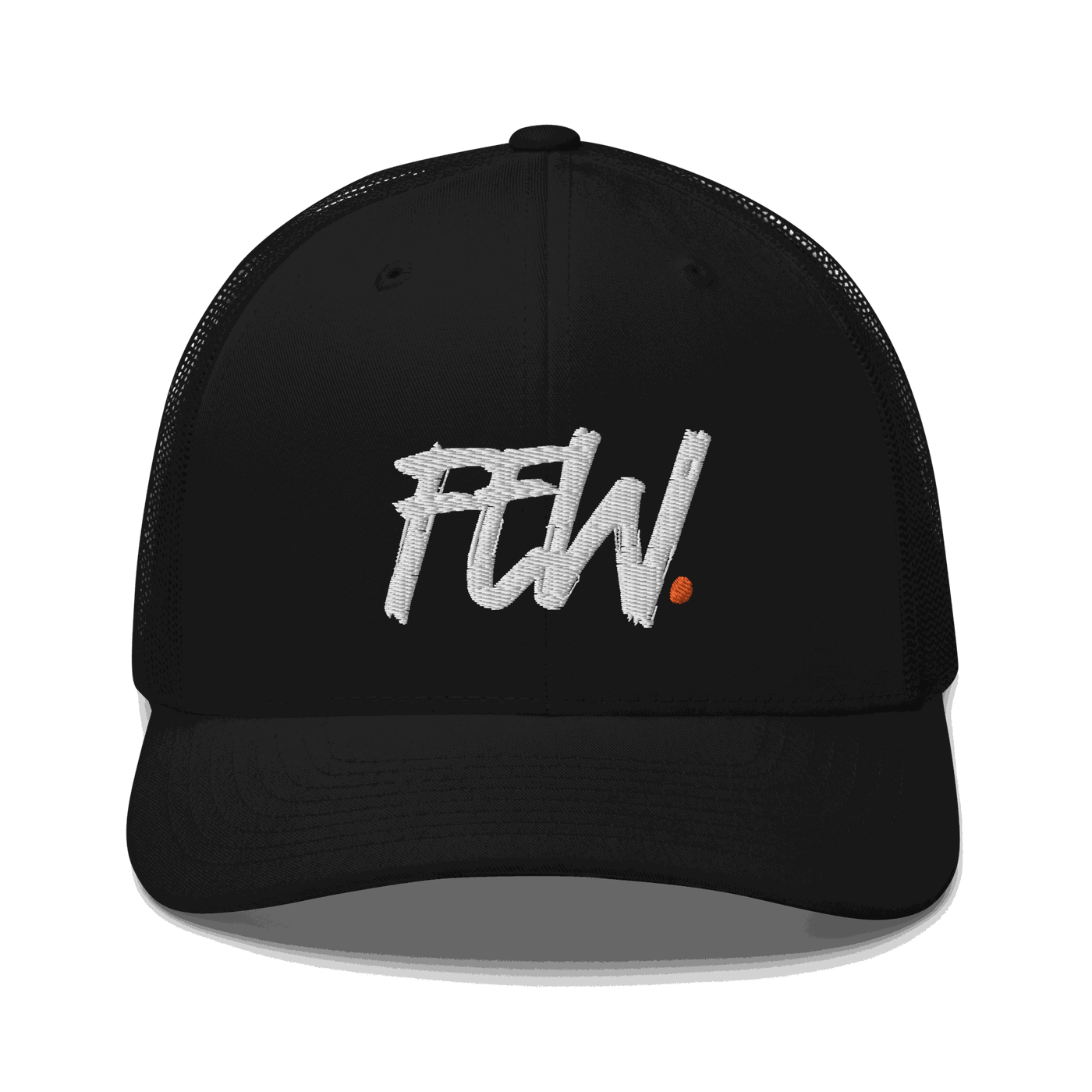 Black Bitcoin trucker cap with mesh back and adjustable closure