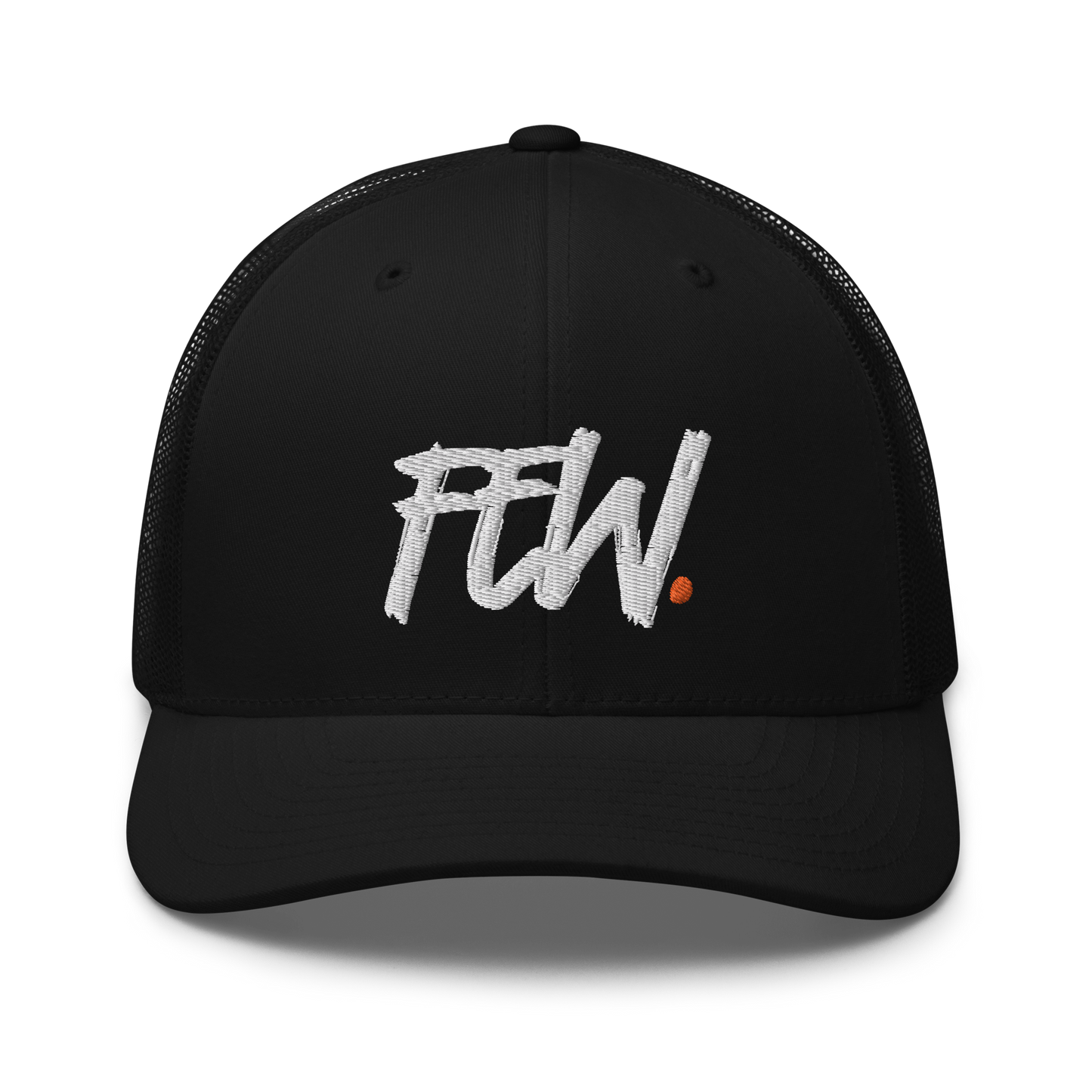 Front view of a black bitcoin trucker cap.