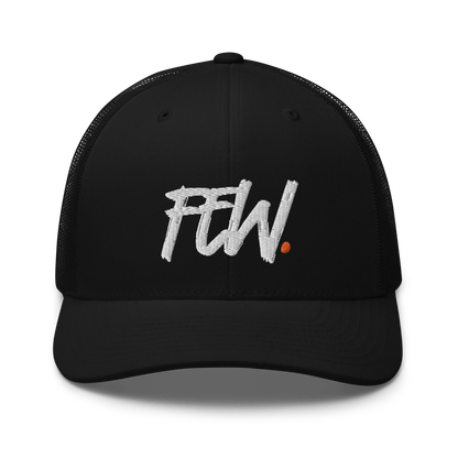 Front view of a black bitcoin trucker cap.