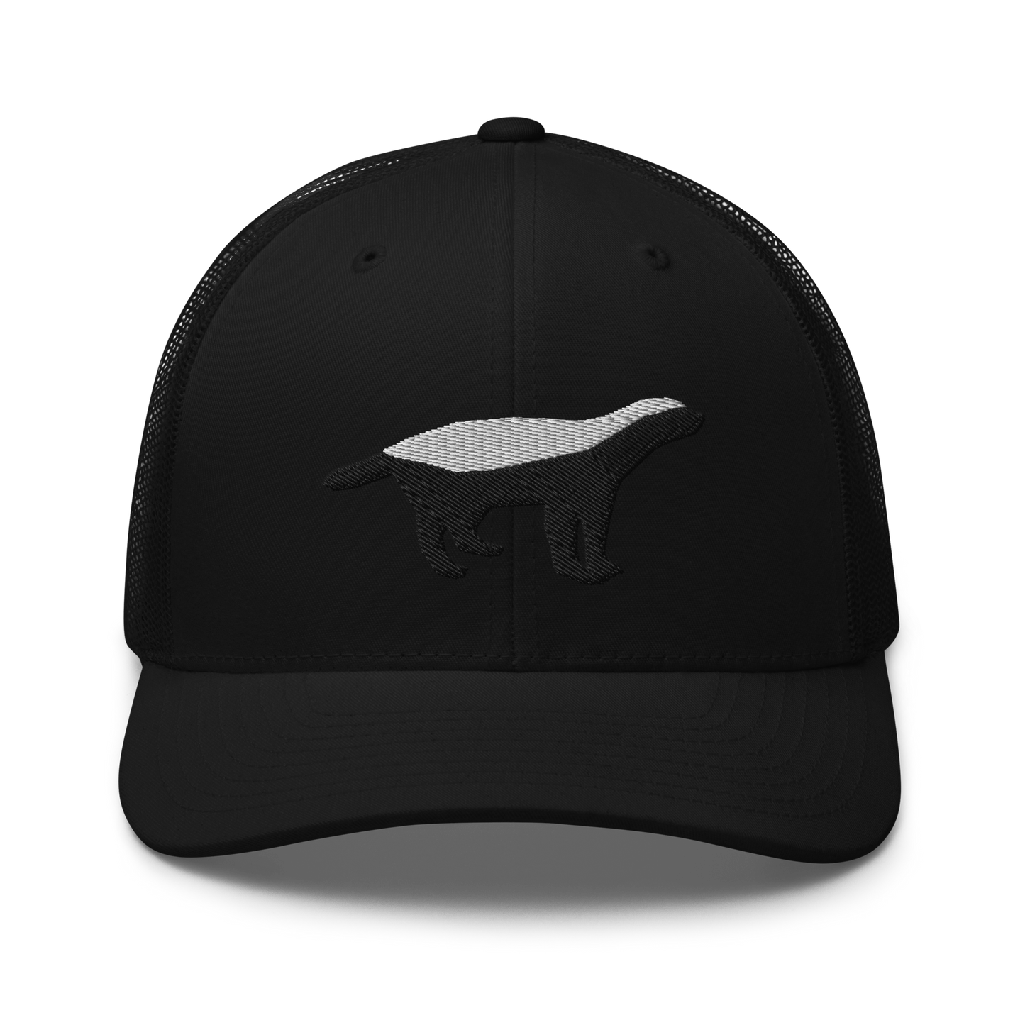 Front view of a black bitcoin trucker cap.