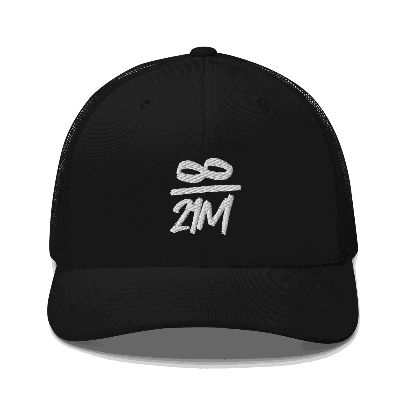 Black Bitcoin trucker cap with mesh back and adjustable closure