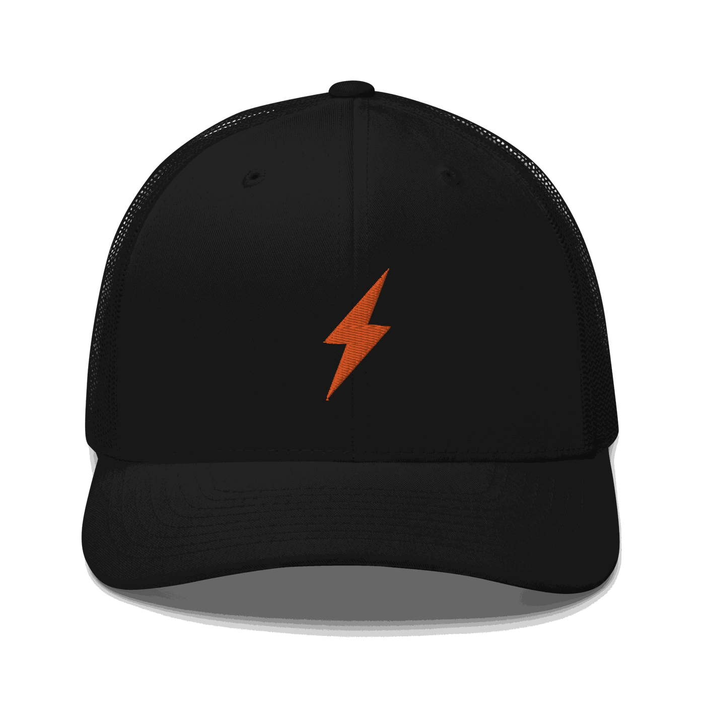 Black six-panel Lightning Bitcoin trucker cap with mesh back and embroidered logo