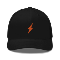 Black six-panel Lightning Bitcoin trucker cap with mesh back and embroidered logo