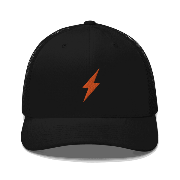 Black six-panel Lightning Bitcoin trucker cap with mesh back and embroidered logo