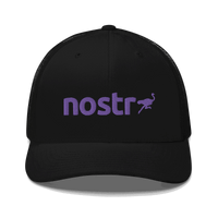 Nostr trucker cap with six-panel mesh design and adjustable closure for censorship-free communication awareness