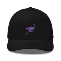 Nostr trucker cap with ostrich mascot and mesh back design